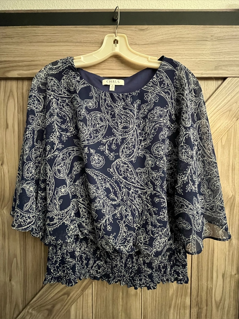 Chaus Navy Paisley Smocked-Hem Blouse with Members Mark Wide Leg Pant